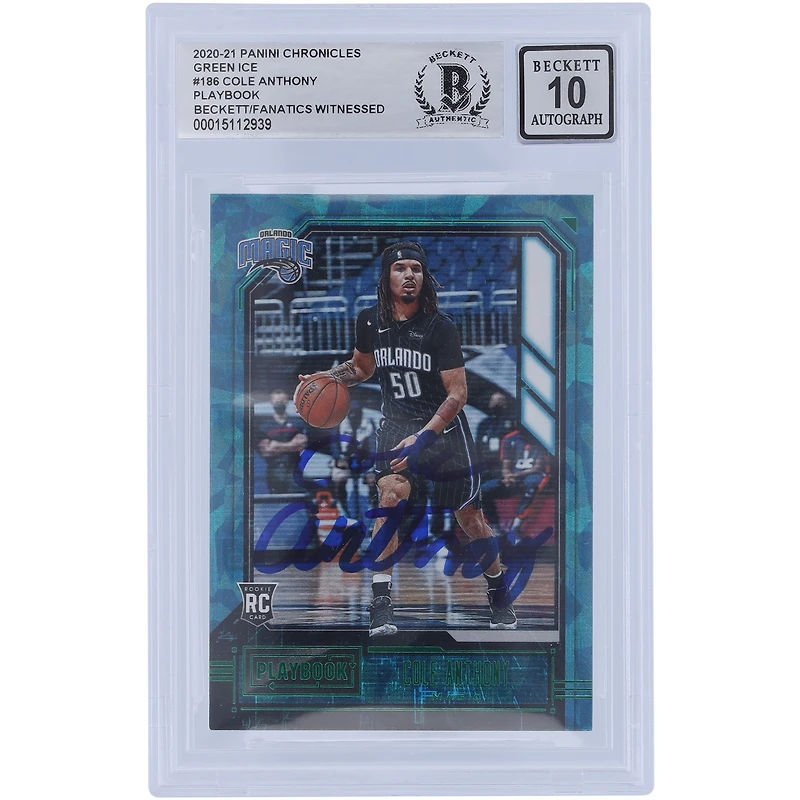 Cole Anthony Orlando Magic autographié 2020-21 Panini Chronicles Playbook Green Ice Prizm #186 Beckett Fanatics a été témoin d'une carte recrue authentifiée 10