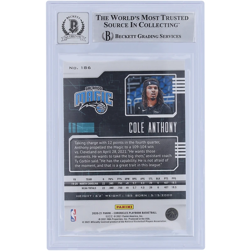 Cole Anthony Orlando Magic Autographed 2020-21 Panini Chronicles Playbook #186 Beckett Fanatics Witnessed Authenticated 10 Rookie Card with "Go Magic" Inscription