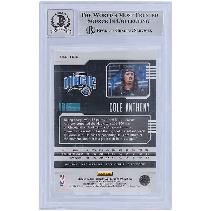 Cole Anthony Orlando Magic Autographed 2020-21 Panini Chronicles Playbook #186 Beckett Fanatics Witnessed Authenticated 10 Rookie Card
