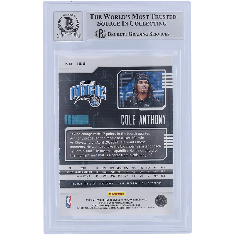 Cole Anthony Orlando Magic Autographié 2020-21 Panini Chronicles Playbook Variation Rose #186 Beckett Fanatics A Été Témoin Authentifié 10 Rookie Card avec L'inscription "Go Magic"