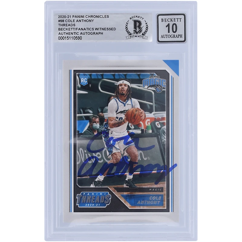 Cole Anthony Orlando Magic Autographed 2020-21 Panini Chronicles Threads #98 Beckett Fanatics Witnessed Authenticated 10 Rookie Card