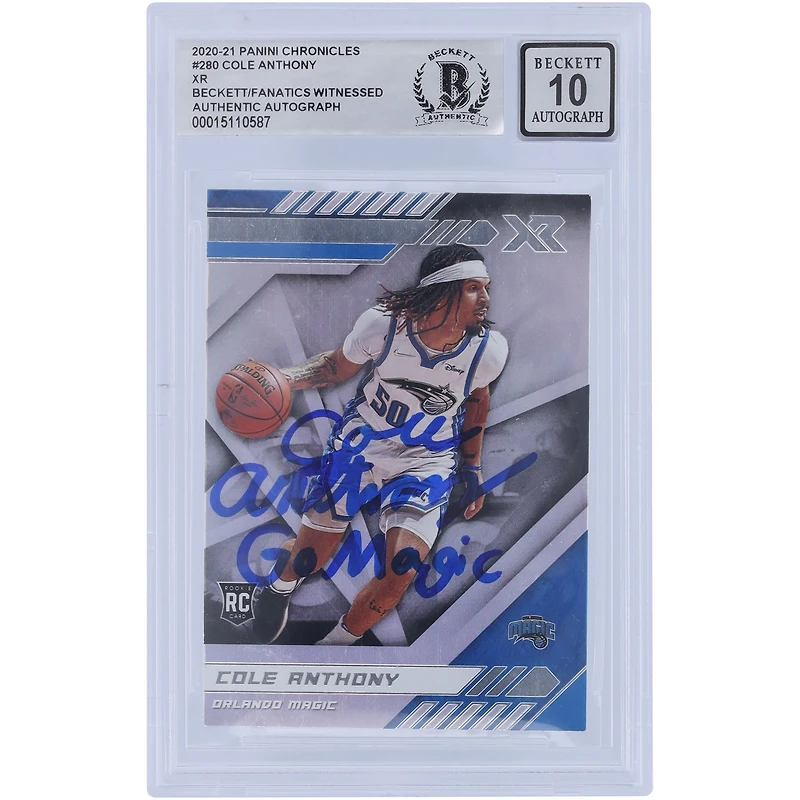 Carte de recrue autographiée 2020-21 Panini Chronicles XR #280 Beckett Fanatics a été témoin d'une carte authentifiée 10 avec l'inscription « Go Magic » de Cole Anthony Orlando Magic
