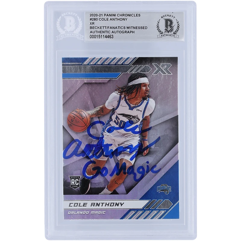 Carte de recrue authentifiée 2020-21 Panini Chronicles XR #280 signée Cole Anthony Orlando Magic par les fanatiques de Beckett avec l'inscription « Go Magic »