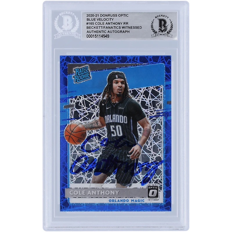 Carte de recrue authentifiée autographiée Cole Anthony Orlando Magic 2020-21 Panini Donruss Optic Blue Velocity Prizm #165 Beckett Fanatics
