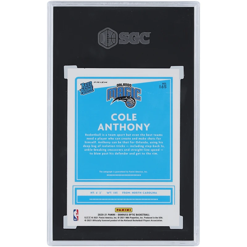 Cole Anthony Orlando Magic Autographed 2020-21 Panini Donruss Optic Fast Break Prizm #165 SGC Authenticated 9.5/10 Rookie Card 
