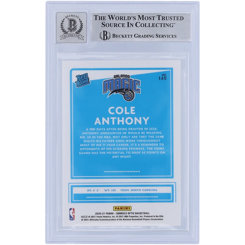 Carte de recrue autographiée 2020-21 Panini Donruss Optic #165 Beckett Fanatics Witnessed Authenticated 10 Rookie Card de Cole Anthony Orlando Magic