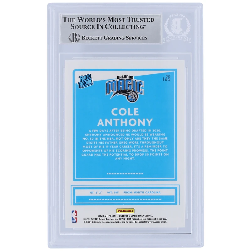 Carte de recrue authentifiée signée Cole Anthony Orlando Magic 2020-21 Panini Donruss Optic #165 Beckett Fanatics avec l'inscription « Go Magic »