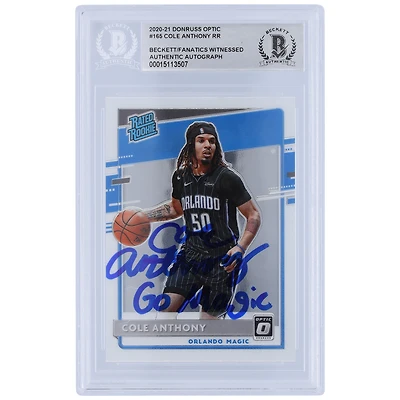 Carte de recrue authentifiée signée Cole Anthony Orlando Magic 2020-21 Panini Donruss Optic #165 Beckett Fanatics avec l'inscription « Go Magic »