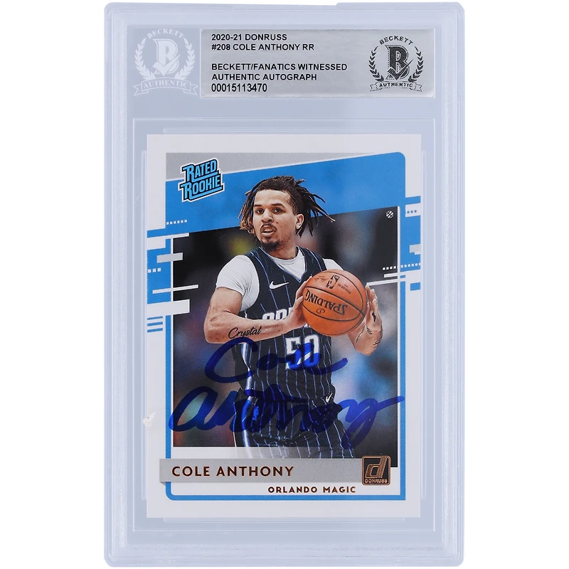 Cole Anthony Orlando Magic autographié 2020-21 Panini Donruss classé Rookie #208 Beckett Fanatics a été témoin d'une carte de recrue authentifiée