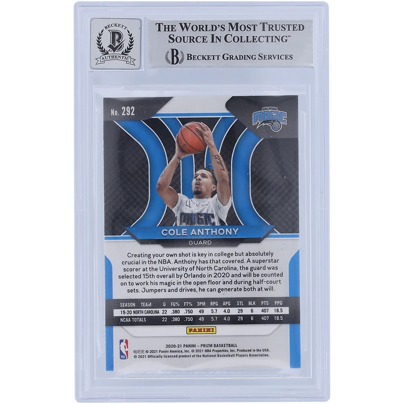 Carte de recrue autographiée 2020-21 Panini Prizm #292 de Cole Anthony Orlando Magic, Beckett Fanatics a été témoin d'une carte authentifiée 10 Rookie avec l'inscription « Go Magic »