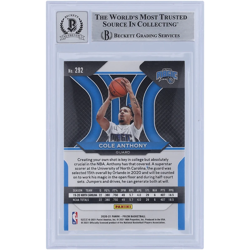 Carte de recrue autographiée 2020-21 Panini Prizm #292 Beckett Fanatics Witnessed Authenticated 10 Rookie Card de Cole Anthony Orlando Magic