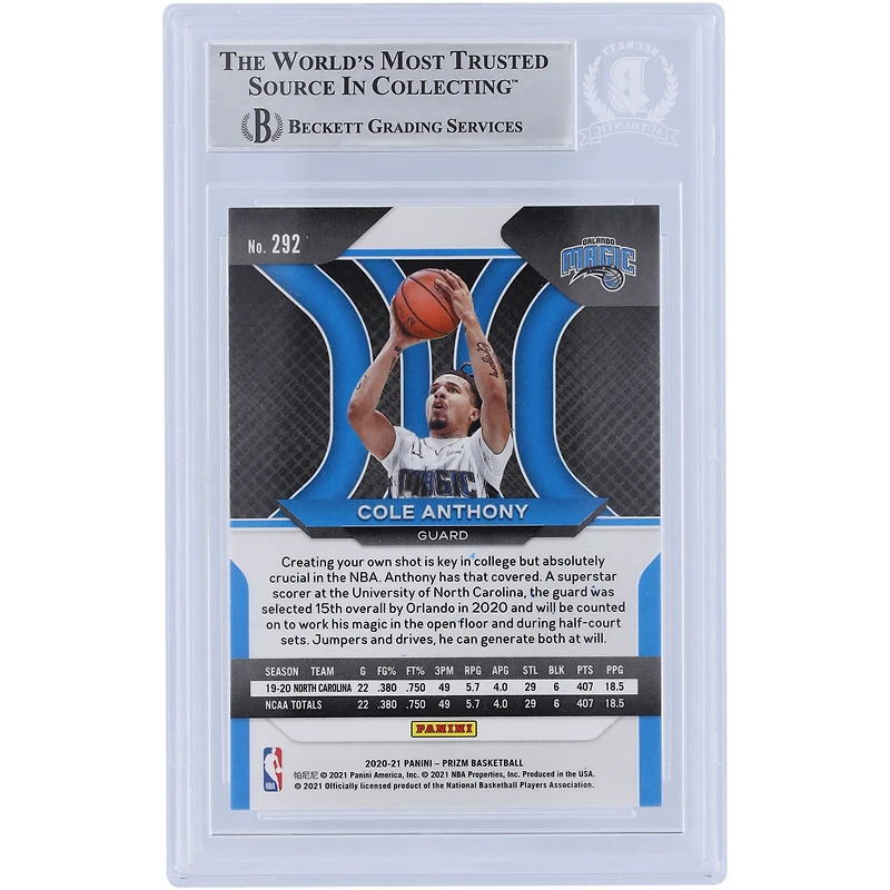 Cole Anthony Orlando Magic Autographed 2020-21 Panini Prizm #292 Beckett Fanatics Witnessed Authenticated Rookie Card with "Go Magic" Inscription