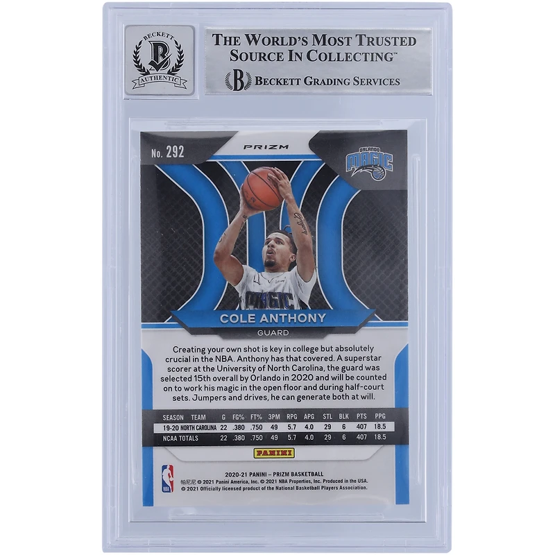 Cole Anthony Orlando Magic Autographié 2020-21 Panini Prizm Rouge Blanc & Bleu Prizm #292 Beckett Fanatics Witnessed Authenticated 10 Rookie Card