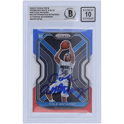 Cole Anthony Orlando Magic Autographié 2020-21 Panini Prizm Rouge Blanc & Bleu Prizm #292 Beckett Fanatics Witnessed Authenticated 10 Rookie Card