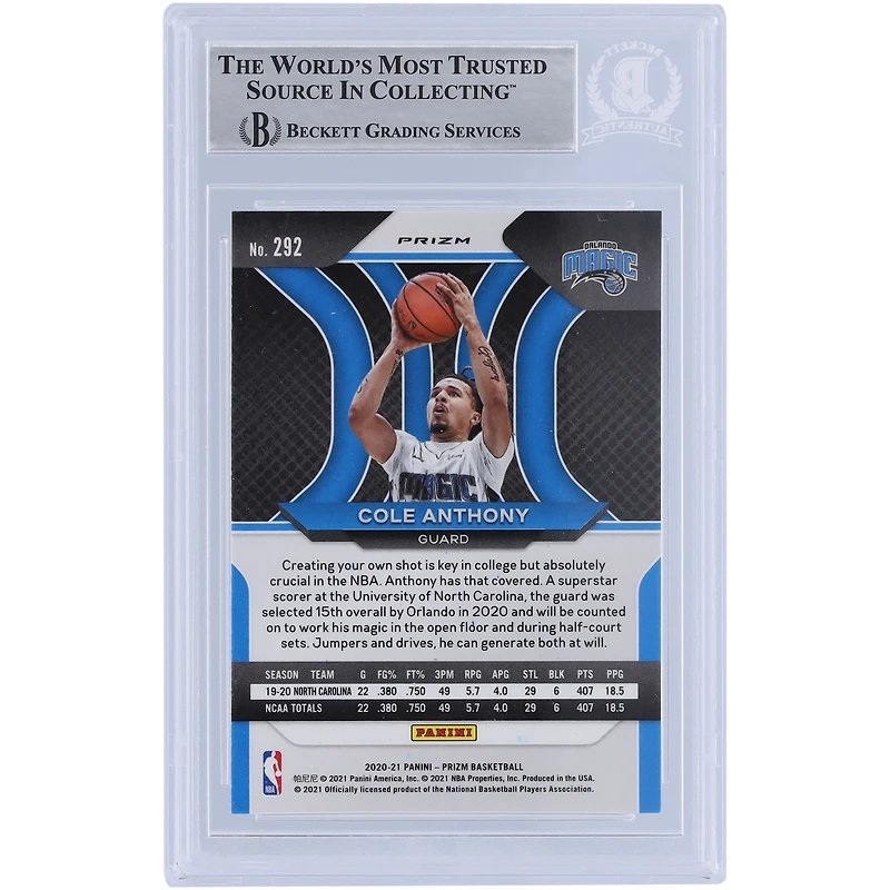Carte de recrue authentifiée autographiée Cole Anthony Orlando Magic 2020-21 Panini Prizm rouge, blanc et bleu Prizm #292 Beckett Fanatics