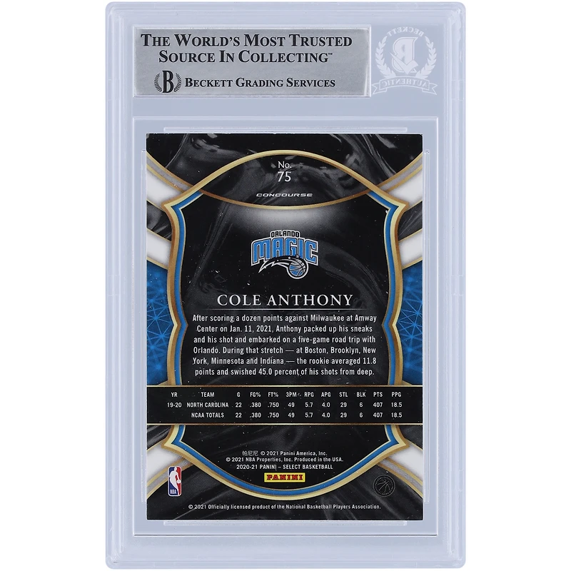 Cole Anthony Orlando Magic Autographed 2020-21 Panini Select #75 Beckett Fanatics Witnessed Authenticated Rookie Card