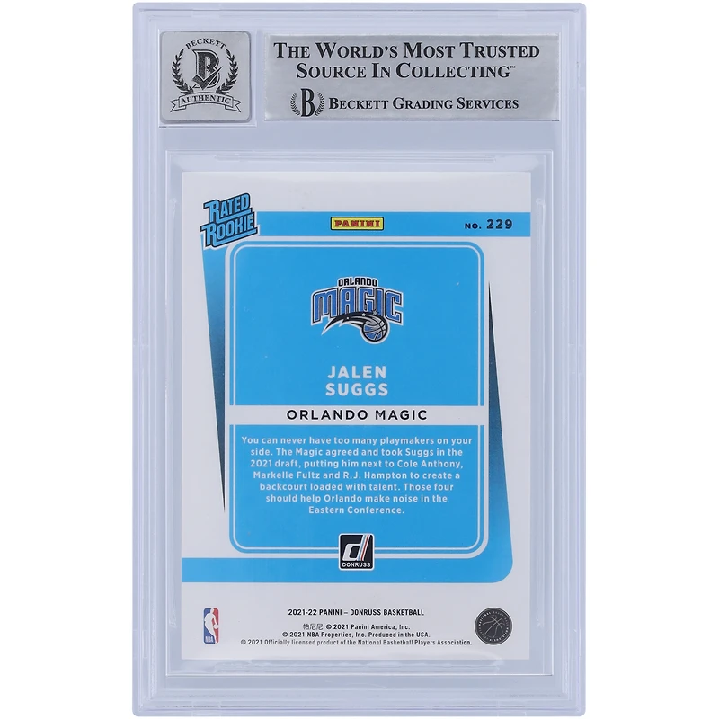 Jalen Suggs Orlando Magic Autographié 2021-22 Panini Donruss Classé Rookie #229 Beckett Fanatics Witnessed Authenticated Rookie Card