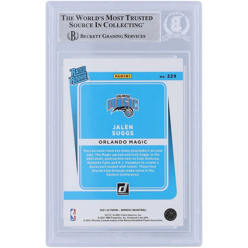 Jalen Suggs Orlando Magic Autographié 2021-22 Panini Donruss Rated Rookie #229 Beckett Fanatics a été témoin d'une carte de recrue authentifiée avec l'inscription « Go Magic »