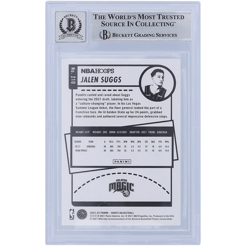 Jalen Suggs Orlando Magic Autographié 2021-22 Panini NBA Hoops #210 Beckett Fanatics Witnessed Authenticated 10 Rookie Card avec l'inscription "2021 #5 Pick"