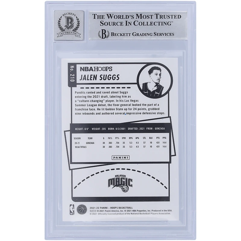 Jalen Suggs Orlando Magic Autographié 2021-22 Panini NBA Hoops #210 Beckett Fanatics A Été Témoin Authentifié 10 Rookie Card avec l'inscription "Go Magic"