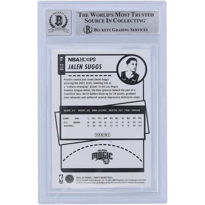 Jalen Suggs Orlando Magic Autographié 2021-22 Panini NBA Hoops #210 Beckett Fanatics Witnessed Authenticated 10 Rookie Card