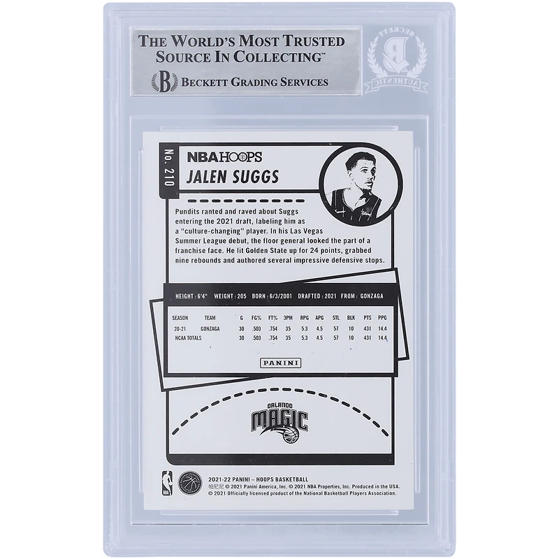 Jalen Suggs Orlando Magic Autographié 2021-22 Panini NBA Hoops #210 Beckett Fanatics A Été Témoin De La Carte Rookie Authentifiée Avec L'inscription "2021 #5 Pick"