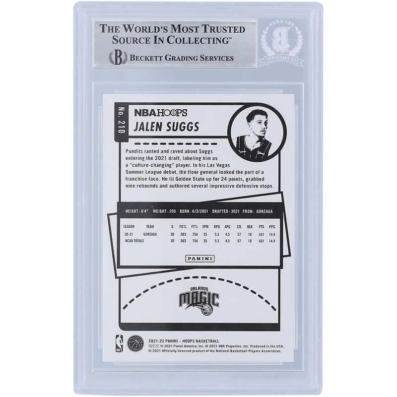 Jalen Suggs Orlando Magic Autographié 2021-22 Panini NBA Hoops #210 Beckett Fanatics A Été Témoin De La Carte Rookie Authentifiée Avec L'inscription "Go Magic"