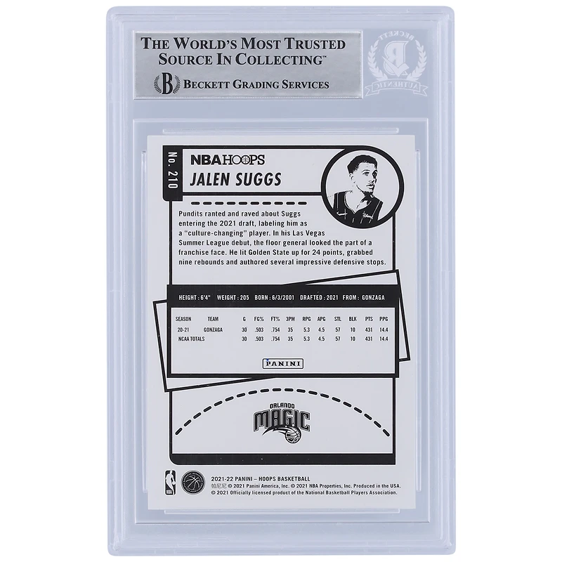 Jalen Suggs Orlando Magic Autographed 2021-22 Panini NBA Hoops #210 Beckett Fanatics Witnessed Authenticated Rookie Card