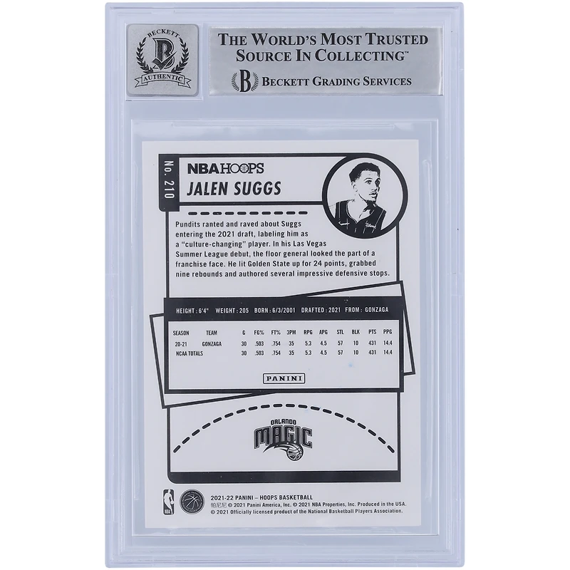 Jalen Suggs Orlando Magic Autographié 2021-22 Panini NBA Hoops Winter Variation #210 Beckett Fanatics Witnessed Authenticated 10 Rookie Card