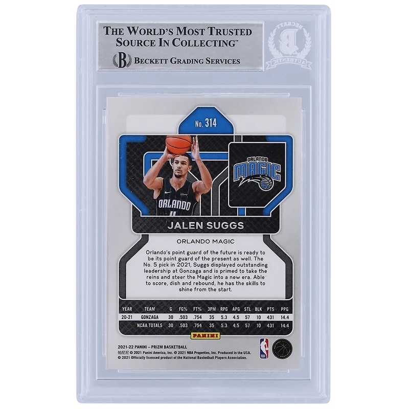 Jalen Suggs Orlando Magic Autographié 2021-22 Panini Prizm #314 Beckett Fanatics Witnessed Rookie Card Authentifié
