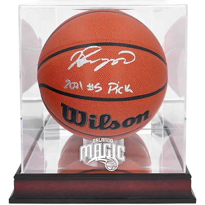 Ballon de basket-ball Wilson autographié par Jalen Suggs Orlando Magic avec inscription « 2021 #5 Pick » et vitrine avec logo de l'équipe en acajou