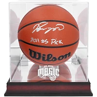 Ballon de basket-ball Wilson autographié par Jalen Suggs Orlando Magic avec inscription « 2021 #5 Pick » et vitrine avec logo de l'équipe en acajou