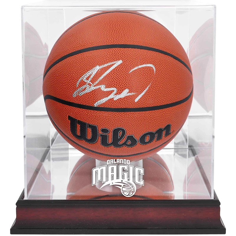 Réplique de ballon de basket Wilson autographiée par Jalen Suggs Orlando Magic avec vitrine du logo de l'équipe en acajou