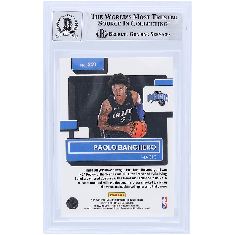 Carte de recrue 9/10 autographiée par Paolo Banchero Orlando Magic 2022-23 Panini Donruss Optic #221 Beckett Fanatics Witnessed Authenticated