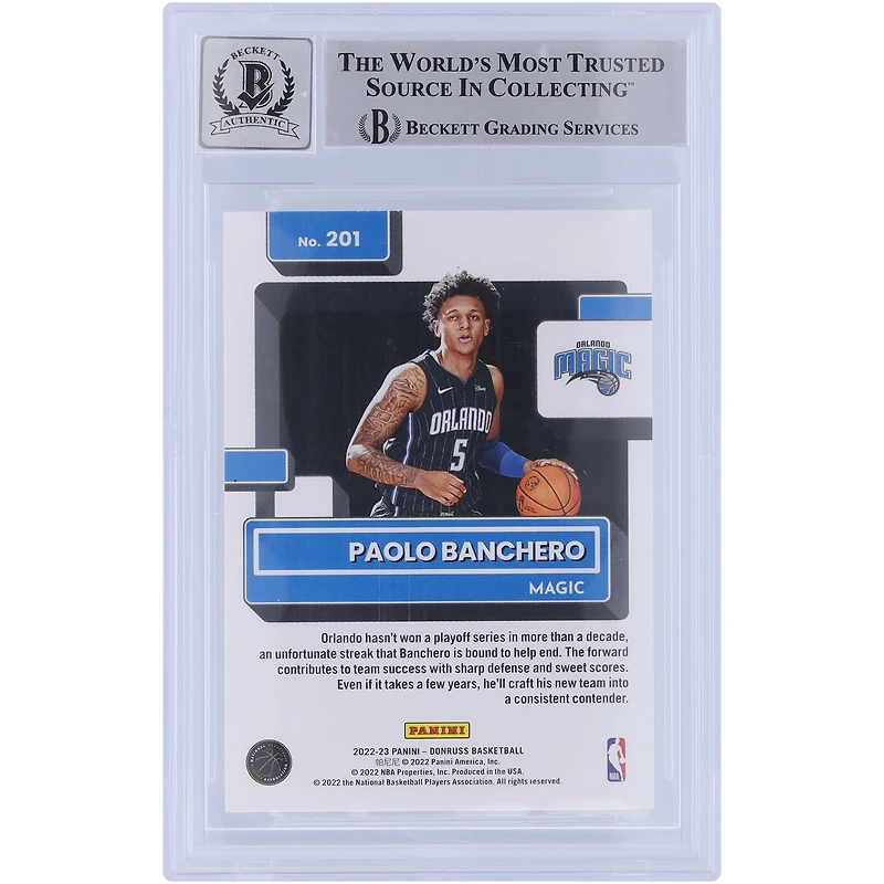 Carte de recrue 9/10 authentifiée Beckett Fanatics Witnessed 2022-23 Panini Donruss Rookie #201 de Paolo Banchero Orlando Magic