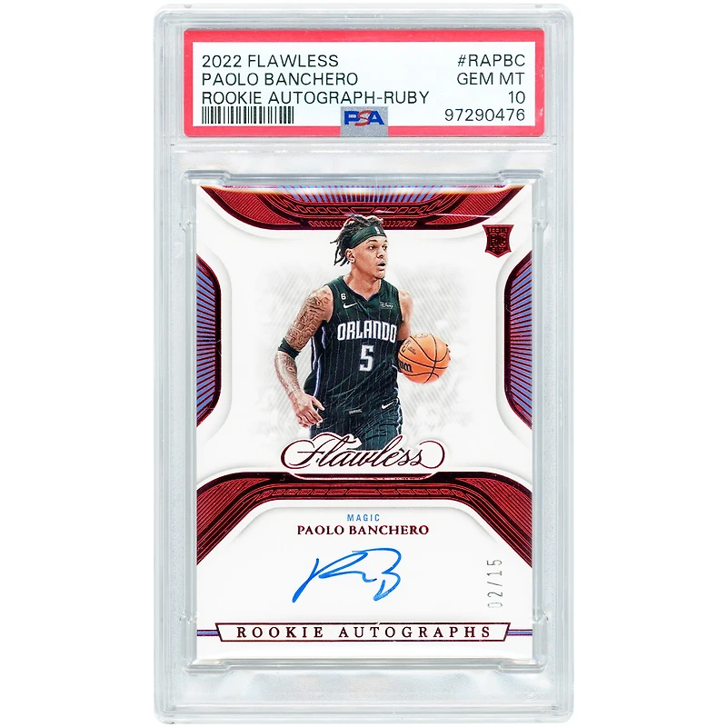 Carte de recrue autographiée Paolo Banchero (Orlando Magic) 2022-23 Panini Flawless Ruby #RA-PBC #2/15 authentifiée par PSA 10