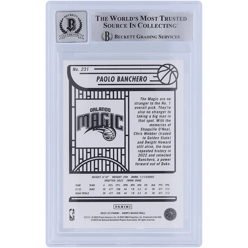 Carte de recrue 10 authentifiée 2022-23 Panini Hoops #231 Beckett Fanatics Witnessed 2022-23 Autographiée par Paolo Banchero Orlando Magic