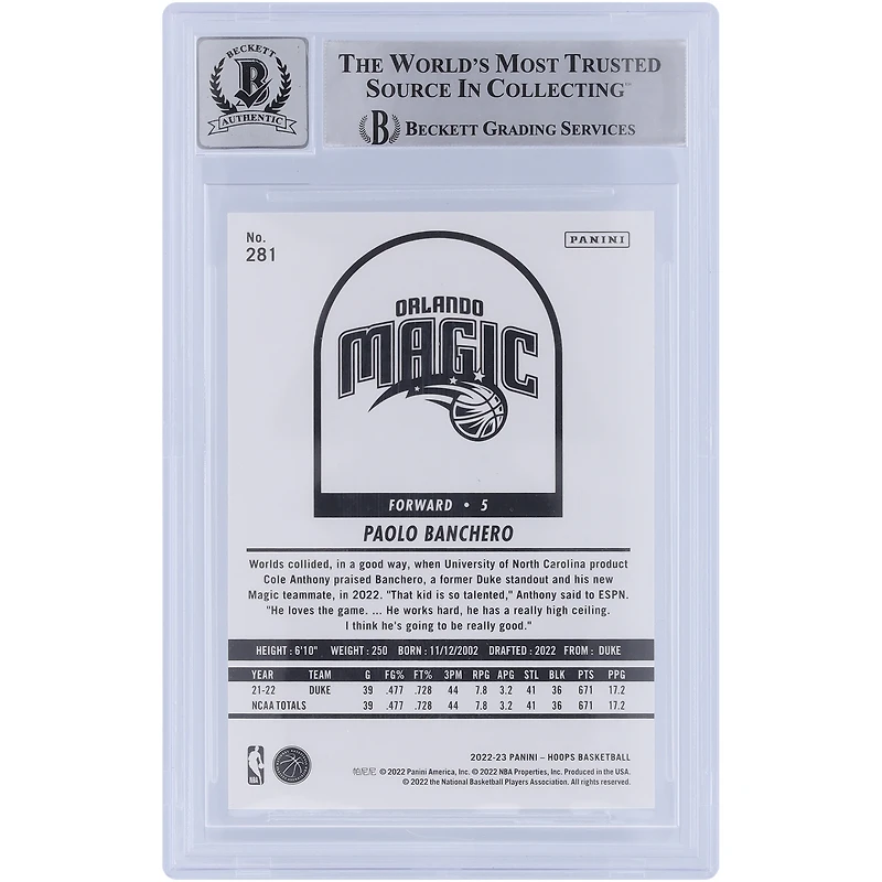 Carte de recrue 10 authentifiée 2022-23 Panini Hoops #281 Beckett Fanatics Witnessed 2022-23 Autographiée par Paolo Banchero Orlando Magic