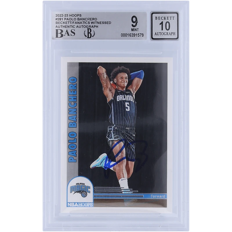 Carte de recrue 9/10 authentifiée 2022-23 Panini Hoops #281 Beckett Fanatics Witnessed 2022-23 Autographiée par Paolo Banchero Orlando Magic