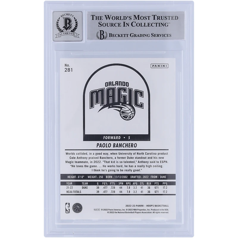 Carte de recrue 9/10 authentifiée 2022-23 Panini Hoops #281 Beckett Fanatics Witnessed 2022-23 Autographiée par Paolo Banchero Orlando Magic