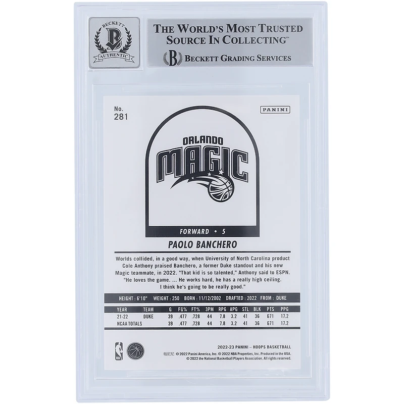 Carte de recrue 9/10 authentifiée 2022-23 Panini Hoops #281 Beckett Fanatics Witnessed Orlando Magic Autographiée par Paolo Banchero avec l'inscription "ROY 23"