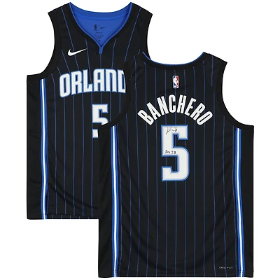 Maillot Nike Icon Swingman 2022-2023 noir dédicacé par Paolo Banchero des Orlando Magic avec inscription « ROY 23 »