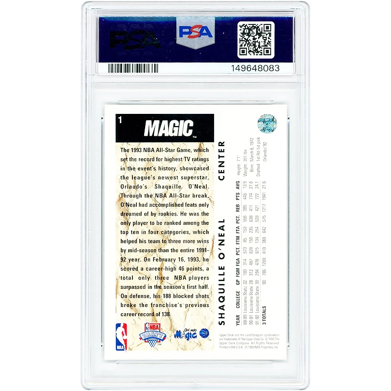 Carte de recrue Shaquille O'Neal Orlando Magic 1992-93 Upper Deck n° 1 authentifiée PSA 9