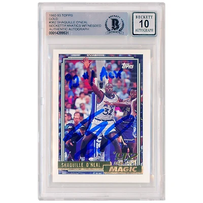 Carte de recrue numéro 10 authentifiée de 1992-93 Topps Gold #362 signée Shaquille O'Neal par les Orlando Magic et présentée par les fanatiques de Beckett avec l'inscription "92 #1 PICK"