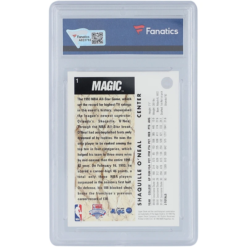 Carte de recrue Upper Deck #1B autographiée par Shaquille O'Neal des Orlando Magic en 1992