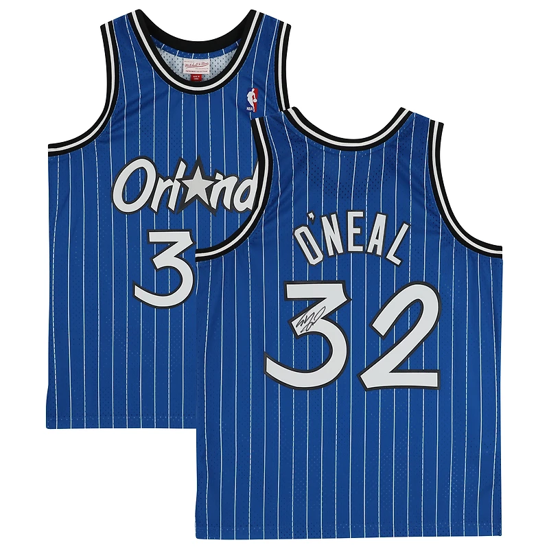 Maillot réplique à rayures bleues Mitchell & Ness Hardwood Classic Swingman 1995-1996, autographié par Shaquille O'Neal (Orlando Magic)