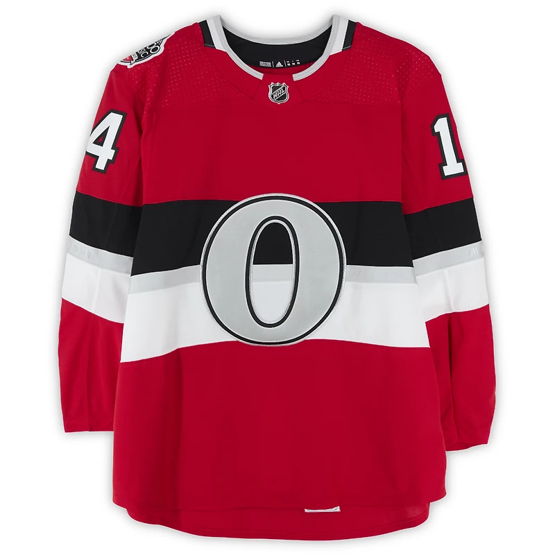 Maillot rouge adidas n° 14 d'Alexandre Burrows, porté à l'entraînement par les Sénateurs d'Ottawa contre les Canadiens de Montréal le 16 décembre 2017 - Classique NHL100 - Porté pendant l'échauffement