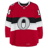 Maillot rouge adidas n° 14 d'Alexandre Burrows, porté à l'entraînement par les Sénateurs d'Ottawa contre les Canadiens de Montréal le 16 décembre 2017 - Classique NHL100 - Porté pendant l'échauffement