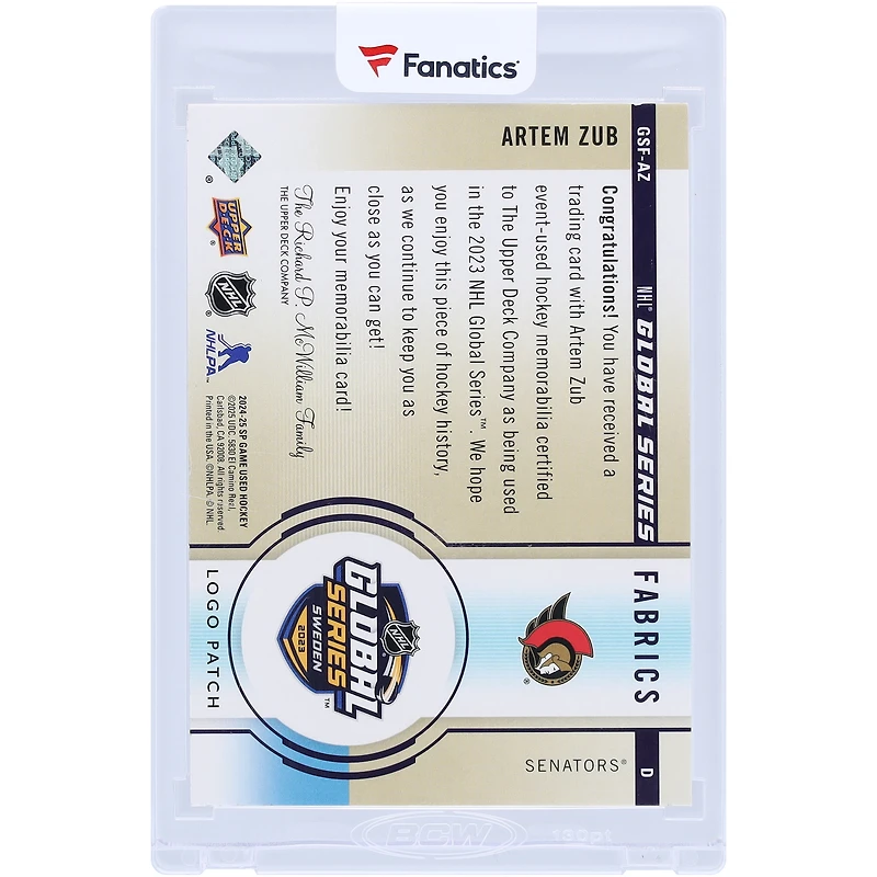 Artem Zub Sénateurs d'Ottawa 2024-25 Upper Deck SP Jeu Utilisé Série mondiale Jeu Utilisé Logo Relic #GSF-AZ #2/2 Carte