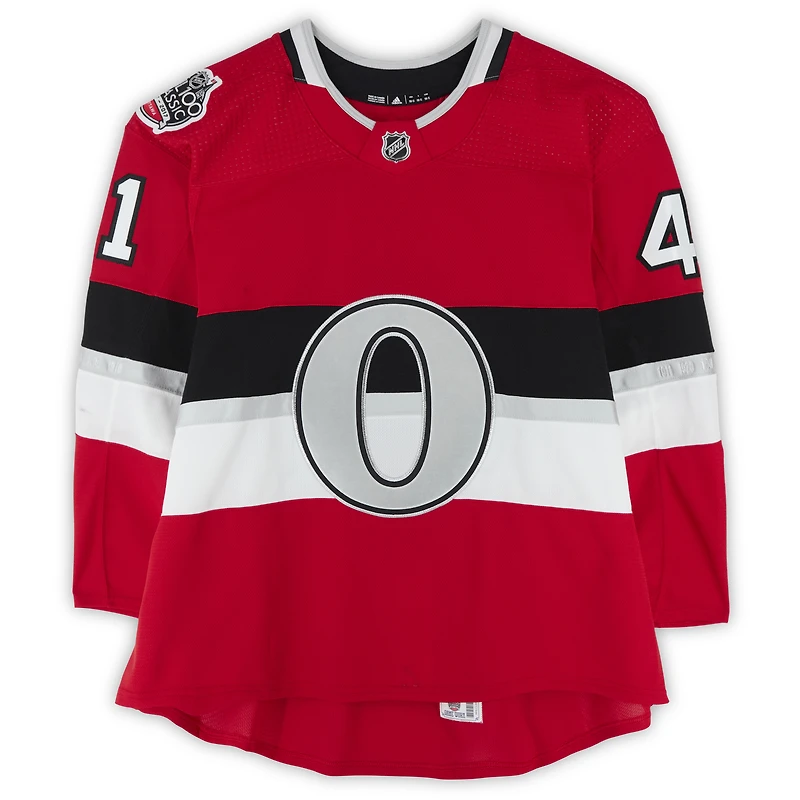 Maillot rouge adidas n° 41 des Sénateurs d'Ottawa porté par Craig Anderson lors de l'entraînement contre les Canadiens de Montréal le 16 décembre 2017 - Classique NHL100 - Porté pendant l'échauffement
